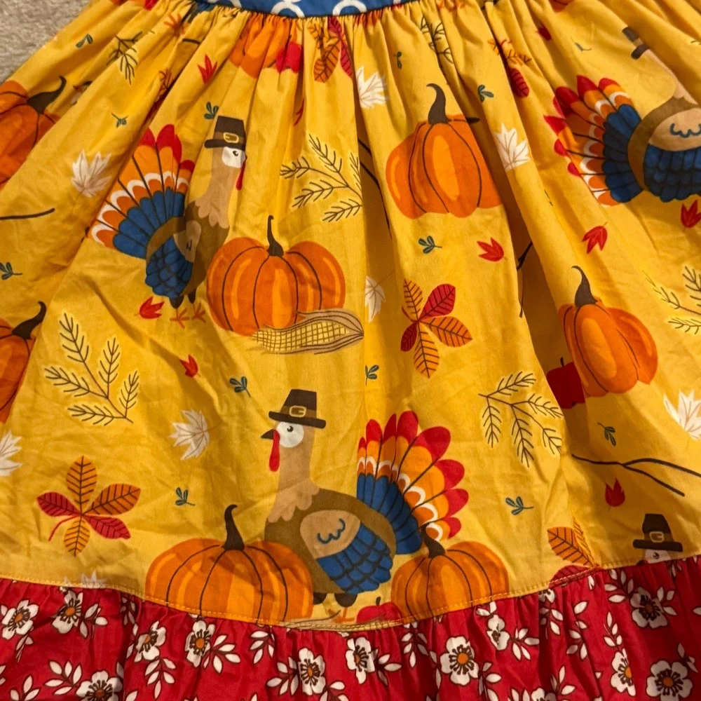 Eleanor Rose Girls Thanksgiving Turkey Pumpkin Dress Blue Yellow Red Size 4